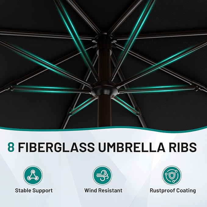 AreShark 10 FT Outdoor Patio Umbrella, Patio Table Umbrella with Push Button Tilt and Crank, Outdoor Patio Umbrellas with 8 Fiberglass Ribs, Patio Umbrellas for Market, Garden, Pool (Black)