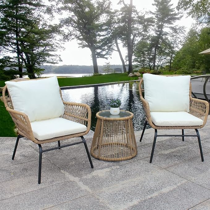 Patio Furniture Set 3-Piece, Bohemian Simple Outdoor All Weather Rattan Patio Furniture Bistro Wicker Conversation Set with Coffee Table & Cushions, Outdoor Sectional Sofa for Balcony, Backyard, Deck