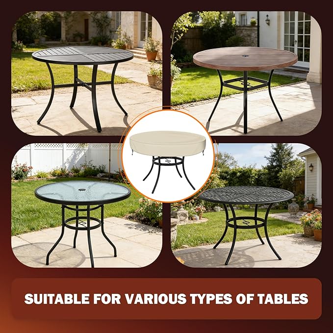 TOHONFOO Outdoor Round Table Cover - Waterproof Anti-UV Round Patio Table Cover - Fits Outdoor Table Up to 58-60 Inch, Beige