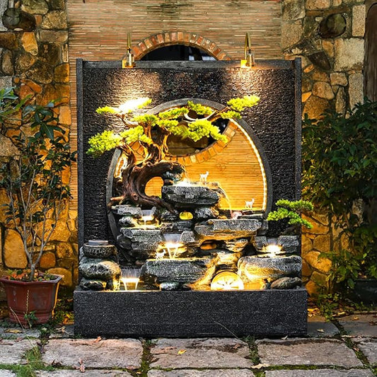 Outdoor Water Fountain with LED Light, Cement, Rockery Texture, 77L x 70H x 17W inches, for Living Room, Balcony, Dining Room, Garden Club,Housewarming Gift.Multiple Options(#C)