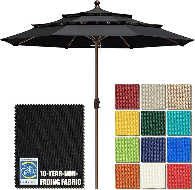 EliteShade USA 10-Year-Non-Fading 11ft 3-Tier Market Patio Umbrella, Commercial Grade Outdoor Table Umbrella with Crank Open, Windproof & UPF 50+ UV Protection, Heavy Duty Ventilation for Garden, Deck, Pool, Backyard, Beach & Bistro, No Tilt, Black