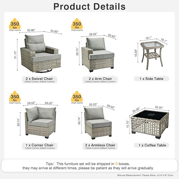 Weaxty 9 Pieces Patio Furniture Set, Outdoor Sectional Furniture Sofa Set w/Swivel Rocking Chairs Coffee Table, PE Wicker Modular Couch Conversation Set for Backyard Garden,Dark Gray