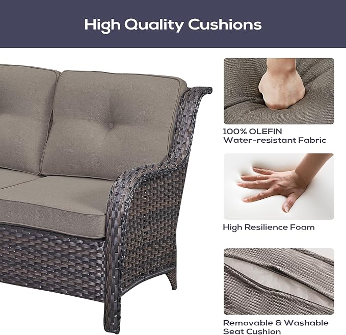 Belord Patio Furniture Set 6 Seats, Outdoor Swivel Rocker Patio Chairs, Oversized Outdoor Sectional Couch, Two 3-Seater Sofas with Coffee Table, Ideal for Porch, Deck, Brown Wicker/Gray
