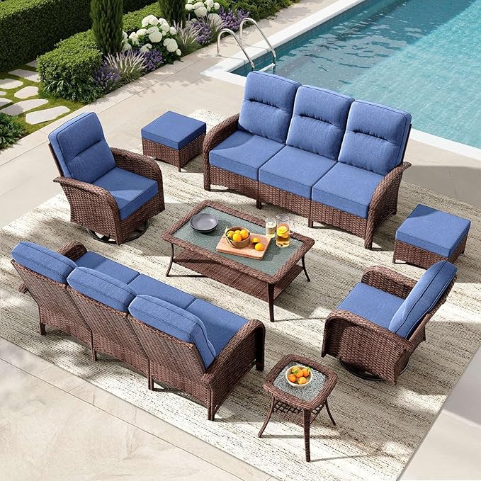8-Piece Patio Furniture Set with 6-Inch Thick Cushions, High Back Outdoor Couch and Swivel Rocker Chairs, All-Weather Conversation Set for Porch, Deck, Yard, Pool in Blue