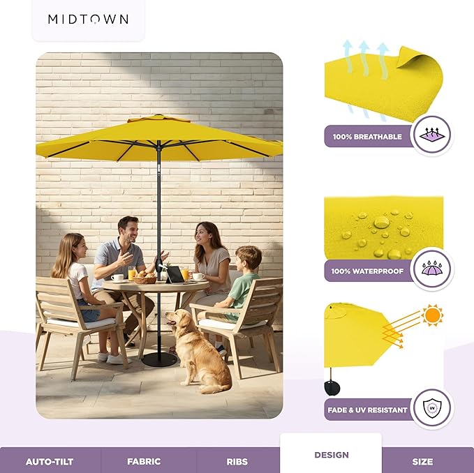 Midtown Umbrellas - 10-Year-No-Fade 10 Ft Patio Umbrella with Terylast Fabric, Auto-Tilt Aluminum Frame and 8 Reinforced Ribs for Deck, Pool, Garden & Beach - Sunflower Yellow Canopy, Black Pole