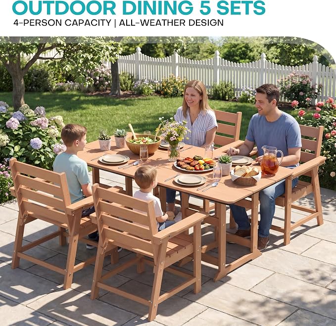 5-Piece Dining Set, HDPE Table & 4 Chairs,Cedar | HDPE Dining Set: 69.1" Table + 4 Chairs, 380 lbs, 304 Stainless, All-Weather, No Rust No Crack, Outdoor Patio Garden