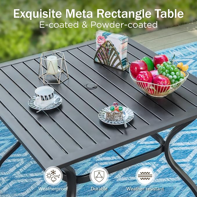 PHI VILLA 5pc Patio Dining Set with 10ft Blue Umbrella, 4 Rattan Chairs | Includes 37" square metal table, 4 cushioned rattan chairs, and 10ft blue umbrella. Perfect for patio, deck, yard, or porch