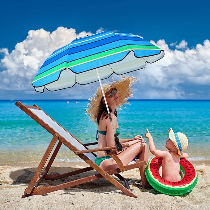 Buryeah 2 Pcs Beach Chair Umbrella Automatic with Universal Adjustable Clamp 44" UPF 50+ Portable Clamp on Beach Chair for Wheelchair Patio Golf Carts Camping