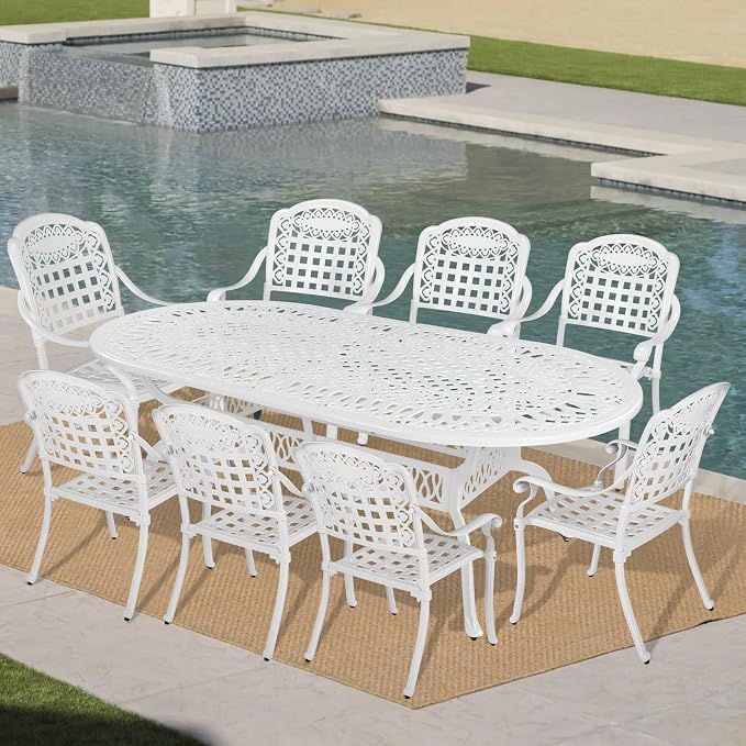VIVIJASON 9-Piece Patio Furniture Dining Set, Rust-Free Cast Aluminum Outdoor Conversation Set, Include 8 Chairs and an Oval Table with Umbrella Hole for Balcony Lawn Garden Backyard, White