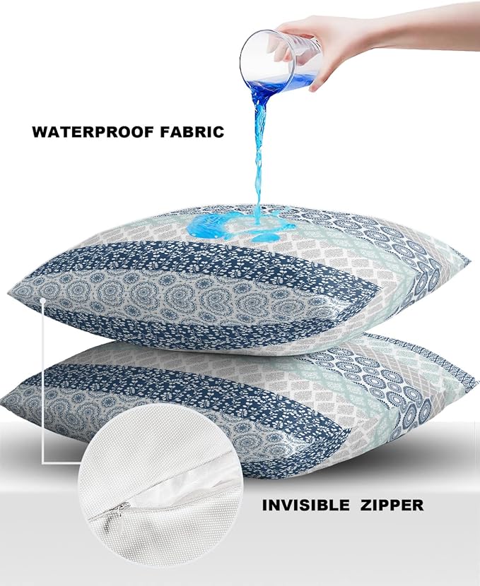 Outdoor Waterproof Throw Pillow Covers Set of 2 Blue Boho Stripe Tribal Vingtage Lumbar Pillowcases 26x26 Inches Bohemian Style Decorative Pillows Cushion Case Patio Pillows for Couch Bed Garden