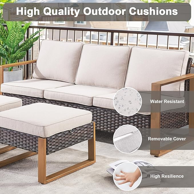 Belord 6 Piece Outdoor Patio Furniture Set with Propane Fire Pit Table, Wicker Patio Conversation Set with2 Patio Wicker Chairs Rattan Sofa and Removable 4" Thick Cushions for Deck Backyard