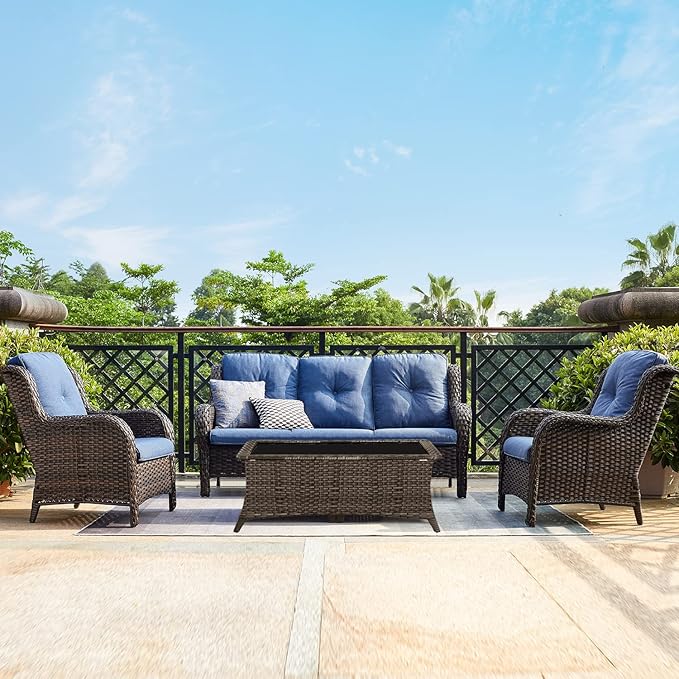 Rilyson Outdoor Couch Wicker Patio Sofa - 3 Seat Rattan Sofa with Deep Seating and Comfortable Cushions for Outside Porch Deck Balcony Garden(Brown/Blue)