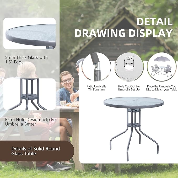 Vongrasig 6 Pieces Folding Patio Dining Set, All Weather Small Metal Outdoor Table and Chair Set, Garden Patio Furniture Set w/Umbrella, Glass Table & 4 Folding Chairs for Lawn, Backyard, Silver