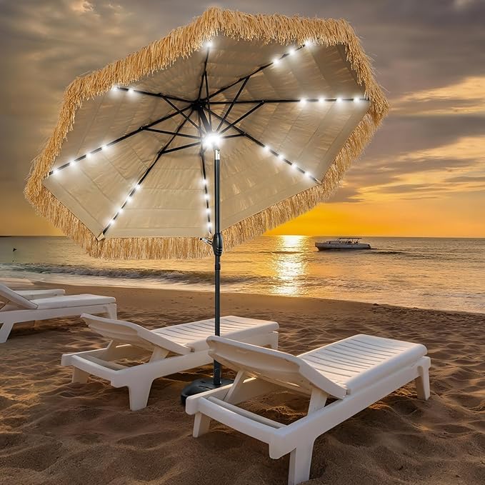 9 FT Solar Thatch Tiki Umbrella, Hawaiian Style Straw Umbrellas with Zinc Alloy Push Button Tilt, UPF 50+ Patio Umbrella,Outdoor Umbrella with 32 LED Lights for Beach, Pool,Garden