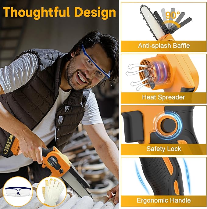 Mini Chainsaw Cordless 6 Inch,Portable Electric Chainsaw Cordless, Brushless Electric Handheld Chain Saw with 2x2000mAh Batteries, Battery Powered Handheld Saw for Garden Pruning, Storm Cleanup
