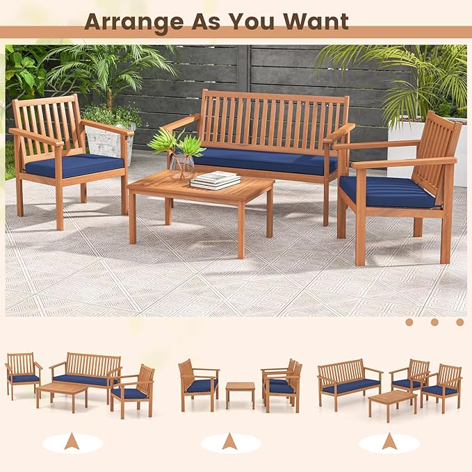 Tangkula 4 Piece Patio Wood Furniture Set, Acacia Wood Sofa Set w/Loveseat, 2 Chairs & Coffee Table, Soft Seat Cushions, Outdoor Wood Furniture Set for Porch, Yard, Balcony (Navy)