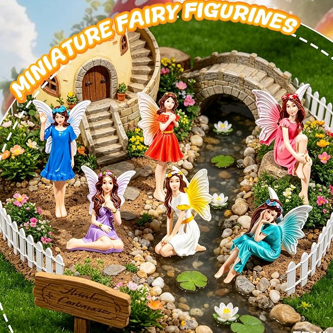 Exasinine 6 Pcs Fairy Figurines 4 Inch Colorful Fairies for Fairy Garden | 6 Hand-Painted 4-Inch Resin Fairy Figurines, Assorted Poses for Fairy Gardens, Flower Beds, Planters and Tabletop Decor