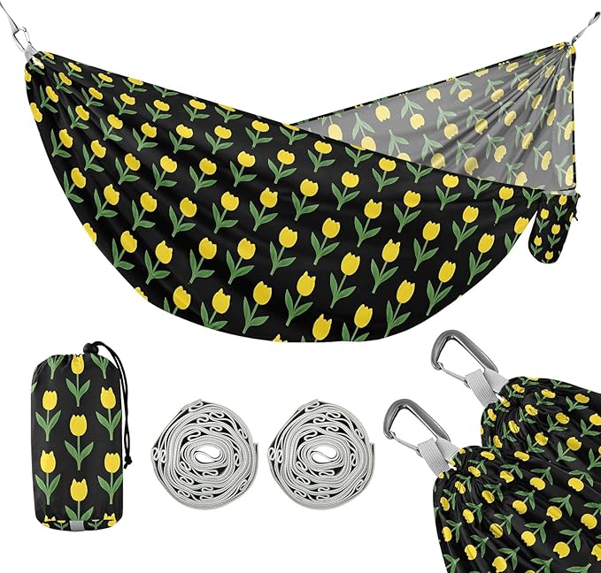Camping Hammock Outdoor Hammocks for Outside Yellow Tulip Black Beach Trees Portable Lightweight with Pockets Tree Straps Indoor