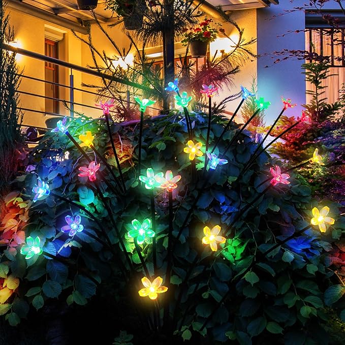 Rossesay 4 Pcs Solar Firefly Lights for Garden Swaying Lights Decoration Outdoor Garden Fairy Light for Yard Pathway Patio Lawn Waterproof Firefly Stake for Outside Holiday Decor(Flower)