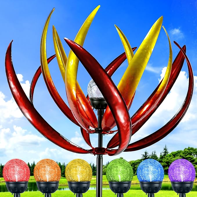 70 in Large Wind Spinners Outdoor, Solar Wind Sculpture, Red | Metal Windmill with Solar Multi-Color Light, All Weather Decor , Ideal Yard Art for Garden, Backyard, Lawn & Outdoor Decor