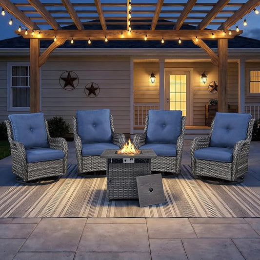 Wicker Patio Furniture Set- 4 Pieces Outdoor Swivel Rocker Chairs with 50,000 BTU Fire Pit Table,PE Rattan Outdoor Conversation Set for Garden Porch Deck