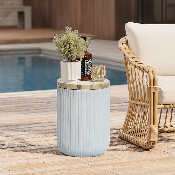 LuxenHome 18" Outdoor Side Table with Storage, Cement Patio End Table with Wood Finish Lid, Accent Table for Patio, Porch, Poolside, Backyard, Outside, Indoor, Garden Stool, Drum, Plant Stand