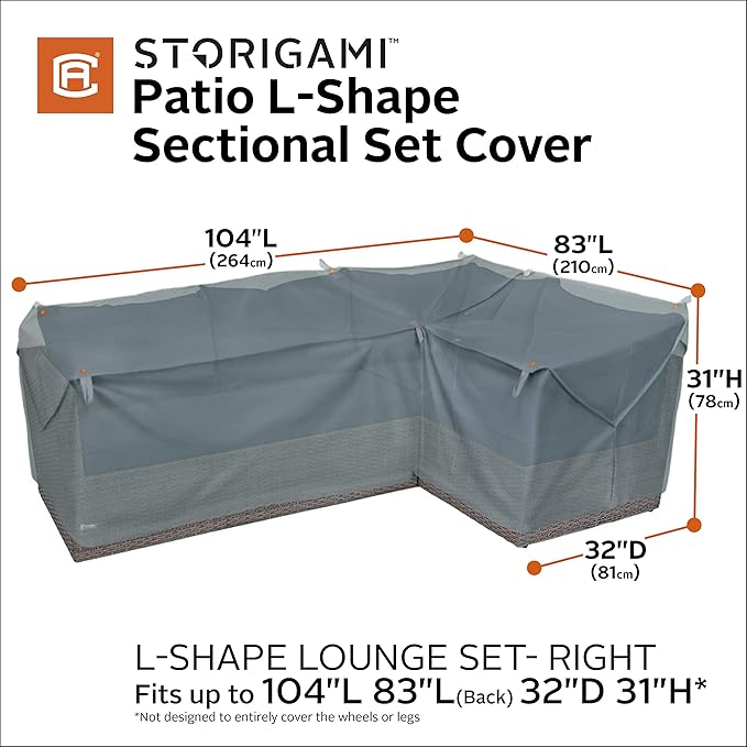 Classic Accessories Storigami Water-Resistant 104 Inch Easy Fold Patio Right-Facing Sectional Lounge Set Cover, Monument Grey, Patio Furniture Covers