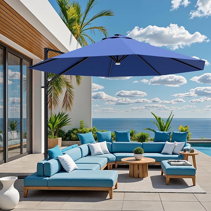 Greesum 10FT Outdoor Patio Umbrella with High Pedel and 4 Gear Heights, Large Offset Umbrella with Solar LED Lights and 360-degree Rotation, Without Base, Hanging Outdoor Shade for Garden, Deep Blue
