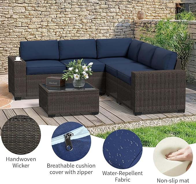 SHGJ&SOFT 6pcs Outdoor Patio Furniture Set, Waterproof Wicker Outdoor Sectional Couch with Thick Cushions, All-Weather Rattan Sectional Sofa (Dark Blue 1, 6 pcs)