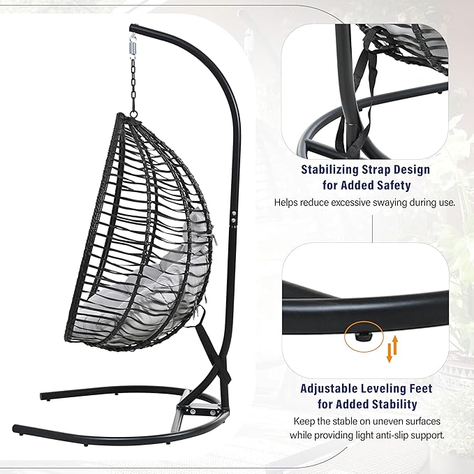 Folding Egg Chair, Outdoor Hanging Hammock Chair with Stand, Patio Wicker Hanging Chair with Iron Frame and Plush Cushion & Removable Headrest for Bedroom, Balcony, Garden (BlackGrey-A)
