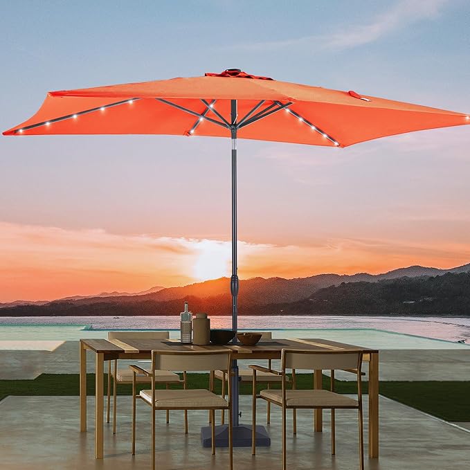 Rectangle Patio Umbrella with Solar Lights, 6x9ft Outdoor Rectangular Table Market Umbrella Patio with Push Button Tilt and Crank for Pool, Deck, Garden,Backyard