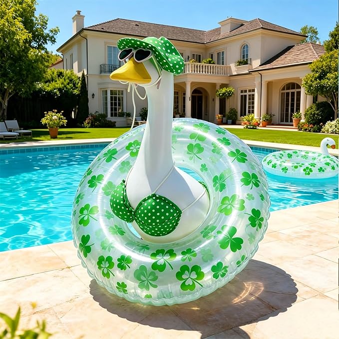 Hawaiian Porch Goose Outfits with Hat Sunglasses & Swim Ring, Summer Bikini Goose Outfit Clothes Costume Fits 23" Cement Geese Statue, Summer Garden Lawn Patio Yard Outdoor Decor (Summer style-Green)
