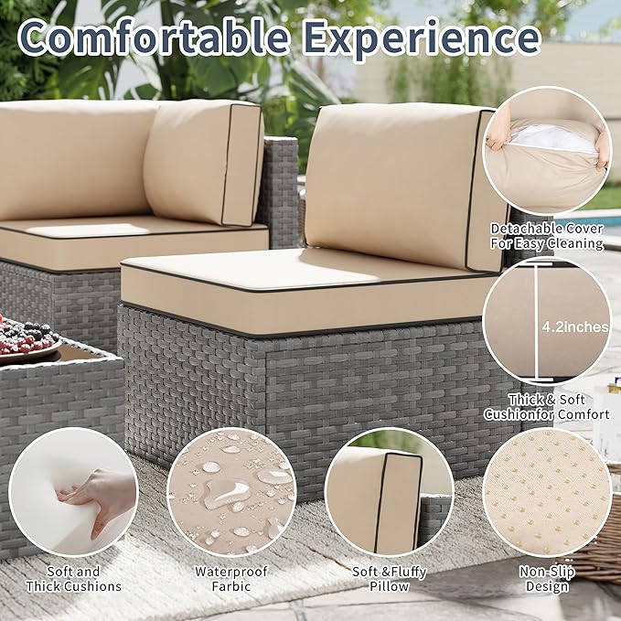 SUNLEI Outdoor Patio Furniture Set 5 Pcs, Rattan Balcony Furniture with Backrest Glass Table & Washable Cushions Small Conversation Patio Set with Sectional Design (Silver/Khaki)