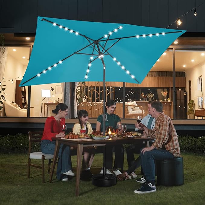 FLAME&SHADE 6.5 x 10 ft Rectangular Solar Powered Outdoor Market Patio Table Umbrella with LED Lights and Tilt, Aqua Blue