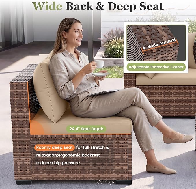 Amopatio 8 Pieces Patio Furniture Set with Fire Pit Table, Outdoor Sectional Conversation Sofa, All-Weather Wicker for Garden, Backyard, Porch, Balcony(Khaki)