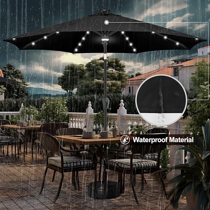 FLAME&SHADE 11 FT Solar Light Patio Umbrella, 40 LED Lights Outdoor Umbrella with Centre Surround Light, Table Market Umbrella for Deck, Pool, Porch, Backyard, Garden, UV Protection, Black