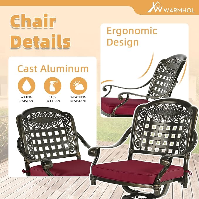 9-Piece Patio Furniture Dining Set, Cast Aluminum Outdoor Conversation Set- 61" Round Patio Dining Table with Detachable Lazy Susan & 8 Cushioned Swivel Rocker, Umbrella Hole, Chili Red