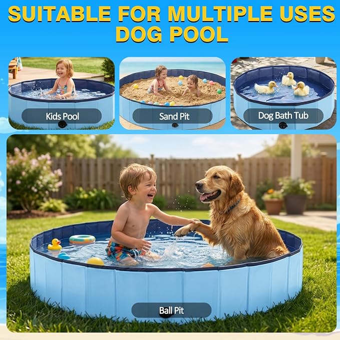 Eooqi Foldable Plastic Dog Pool, Collapsible Pet Bath Tub & Wading Pool, Portable Hard-Side Dog Swimming Pool for Outdoor & Backyard Use, Puppies, Small & Medium Dogs, Cats and Kids (Blus, 32"-S)