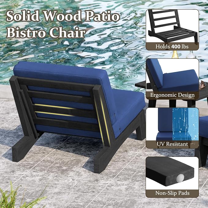 Pia Ricoo Patio Chairs Set of 2, Heavy Duty Wood Patio Furniture Set with Thick Cushions, Bistro Set All-Weather Outdoor Chairs for Balcony, Deck, Poolside, Porch - Navy/Dark