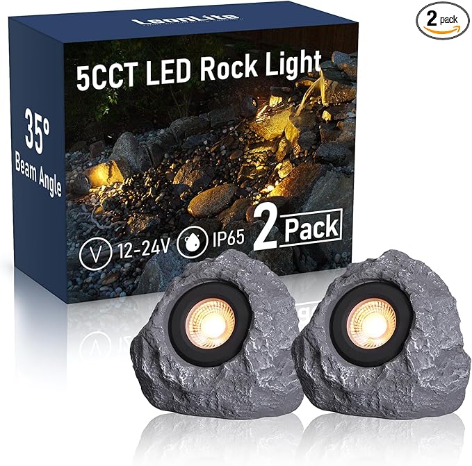 LEONLITE 5CCT LED Rock Lights Outdoor, 5W Low Voltage Landscape Spot Light for Garden, Yard, Decorative Stone Light, 12-24V AC/DC, CRI90, 200lm, IP65 Waterproof, Triangle, Dark Gray, Pack of 2
