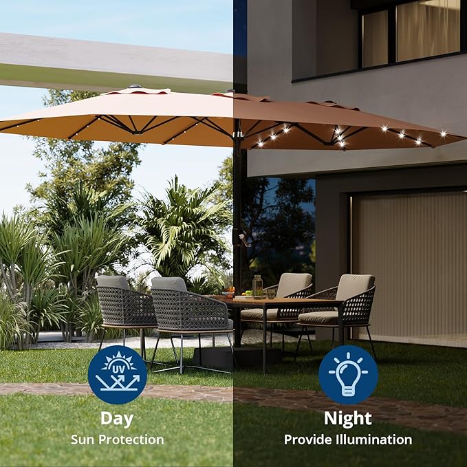 15FT Solar Patio Umbrella with 36 LED Lights, Weighted Base Included, Tilt and Crank Market Umbrella for Backyard, Garden, Deck, Pool, Beach