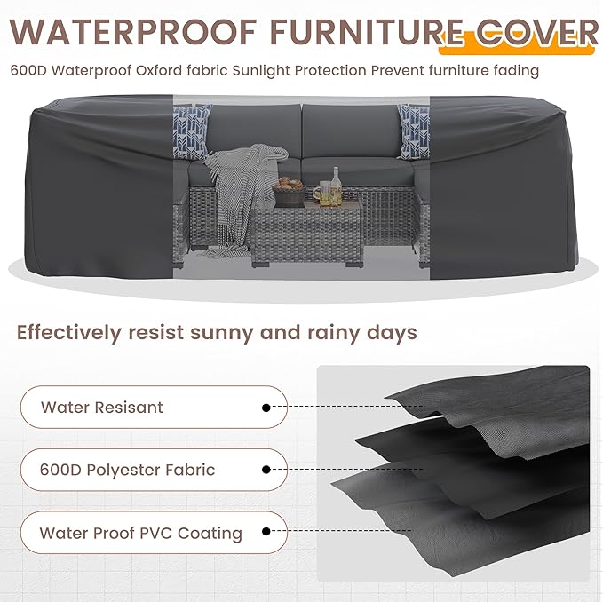 UDPATIO Patio Furniture Set with Fire Pit Table, 8 Pieces Outdoor Sectional Sofa, PE Wicker Patio Conversation Set for Garden, Backyard (Grey Cushions with Grey Rattan)