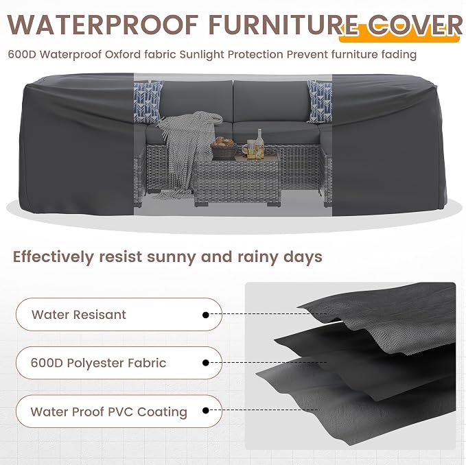 UDPATIO Outdoor Patio Furniture Set, 7 Pcs PE Wicker Sectional Sofa with Tea Table, Outdoor Conversation Set with Waterproof Cover for Patio, Garden, Backyard (Grey Cushions with Grey Rattan)