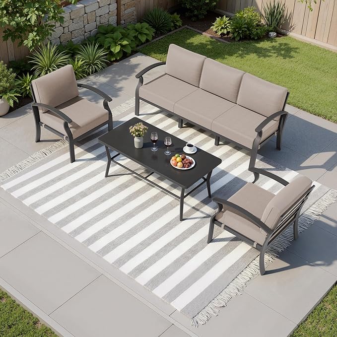 Kullavik Aluminum Patio Furniture Set with Rectangular Coffee Table,5-seat Metal Outdoor Sectional Furniture w/5.1" Cushions,Patio Conversation Sets for Garden,Backyard,Porch-Sand