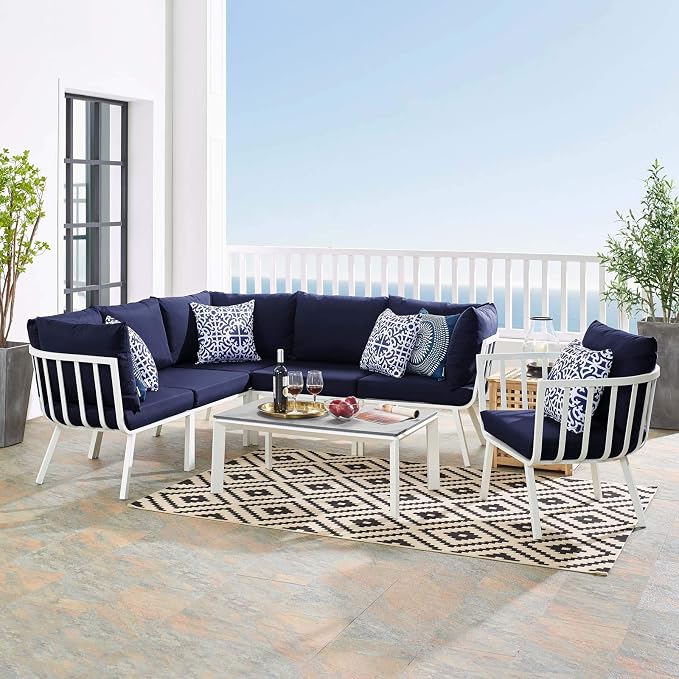 Modway Riverside 7 Piece Outdoor Patio Aluminum Set, 85.5 x 114 x 28, White Navy