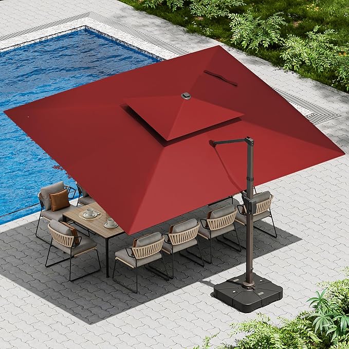 10 X 13 FT Cantilever Patio Umbrella with Led Lights and Base Included Outdoor Heavy Duty Double Top Rectangle Offset Umbrellas with 360-degree Rotation for Pool Deck Backyard, Wine Red
