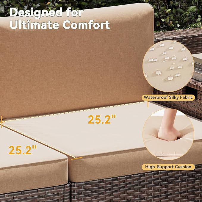 Aoxun 8 Piece Patio Furniture Set, Wicker Outdoor Furniture Set with Storage Box, Patio Sectional Set with Thickened Cushions, Waterproof Cover and 25.6" Coffee Table (Brown& Khaki)