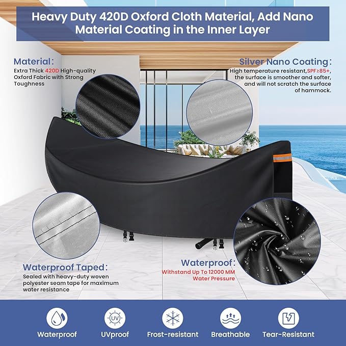 Hammock Cover Waterproof,Heavy Duty 420D Hammock Stand Covers for Outdoor,Breathable Dust Protector with 2 Air Vents,3 Windproof Buckles，Universal Cover Fits for 11-12ft Stand,All-weather Protection