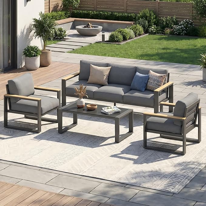 Aluminum Outdoor Patio Furniture Set with Height-adjustable Footrest for Lawn Porches Patio, 5-Seats All-weather Patio Sofa Sets with Coffee Table, Modern Outdoor Patio Conversation set, Grey