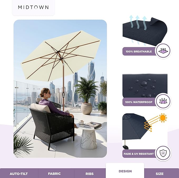 Midtown Umbrellas Wooden 2-8 Ft Patio Umbrella with 360° Swivel & Tilt Mechanism, 8 Fiberglass Ribs & Sunbrella Fabric - Outdoor Umbrella for Deck, Pool & Garden - Burgundy Canopy, Wooden Pole